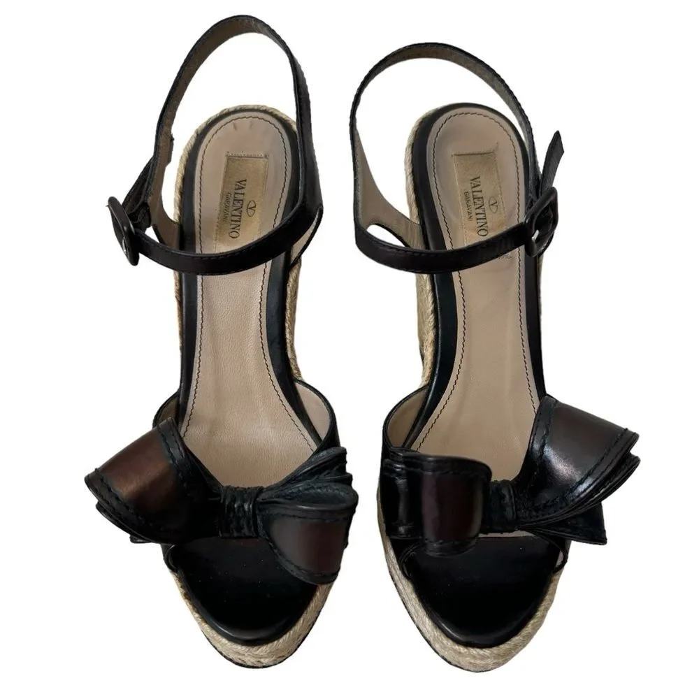 Valentino Garavani Nappa Bow Espadrille Wedge Sandals EU 38